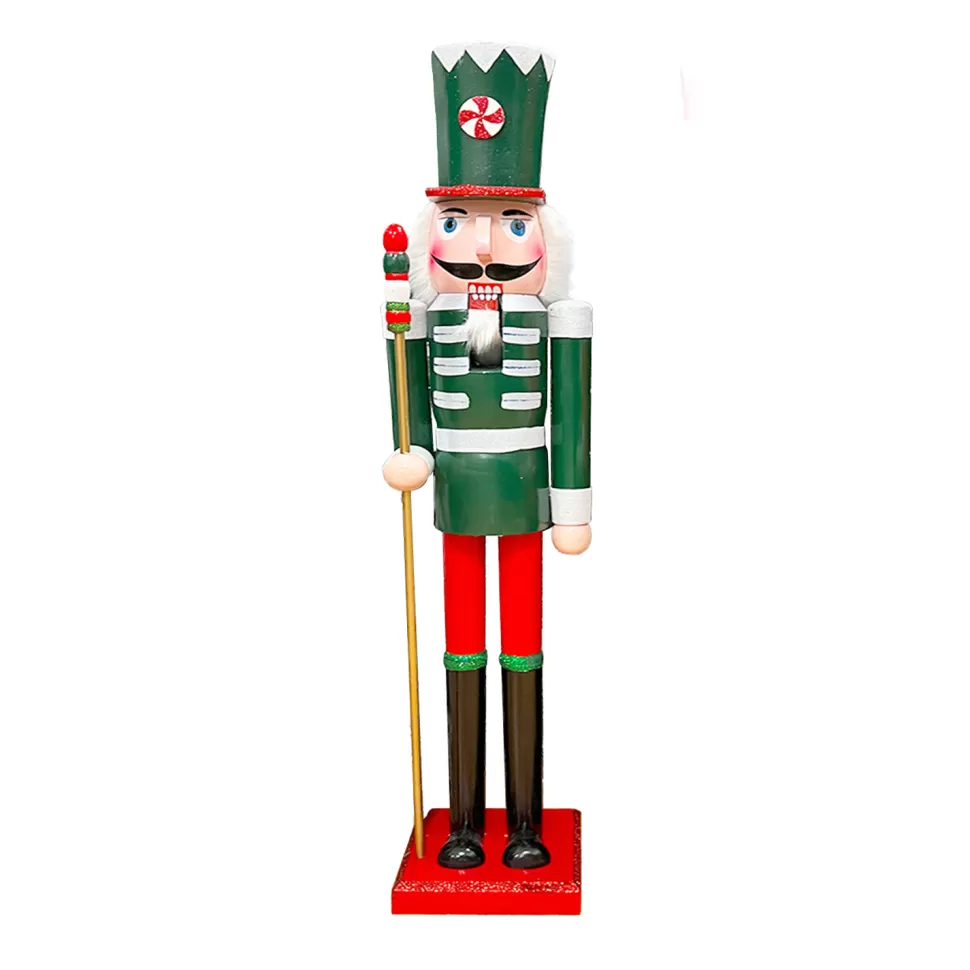 Christmas Forever NUTCRACKER WOODEN STANDING 15″ CREAM/DK. GREEN W/ STAFF