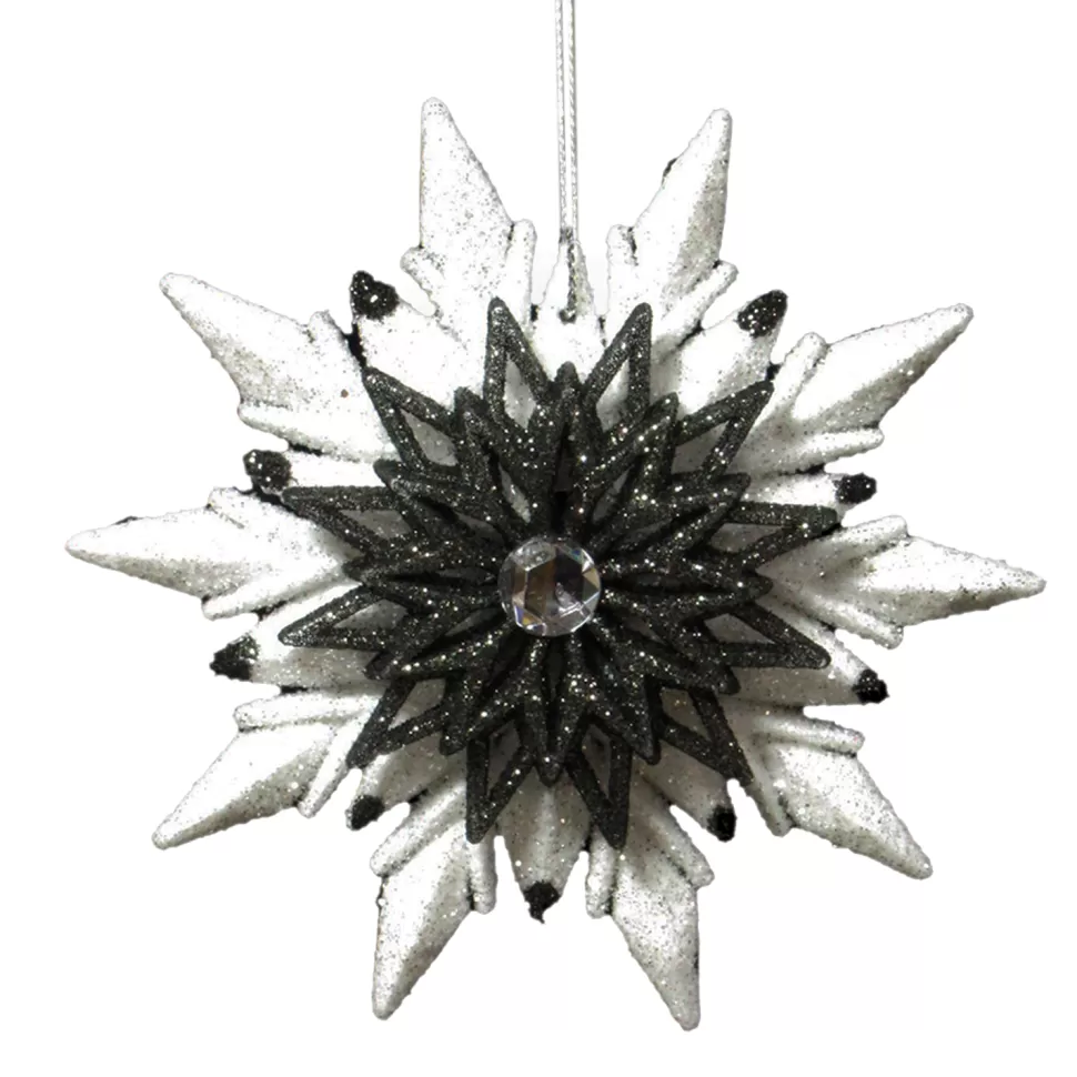 Christmas Forever ORN BLACK/WHITE SUN STAR 4.25″ W/ JEWEL & 2 TONE GLTR.
