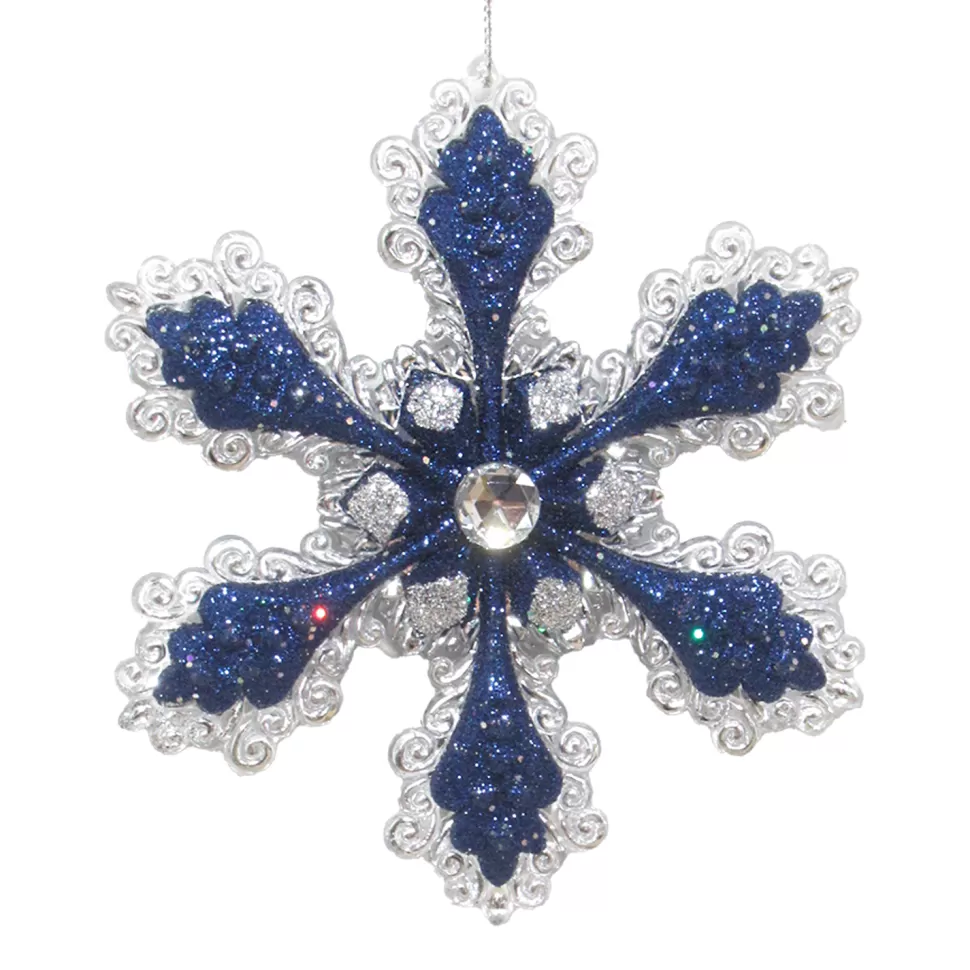 Christmas Forever ORN BLUE SILVER SNOWFLAKE 4.75″ W/ JEWEL & GLTR.