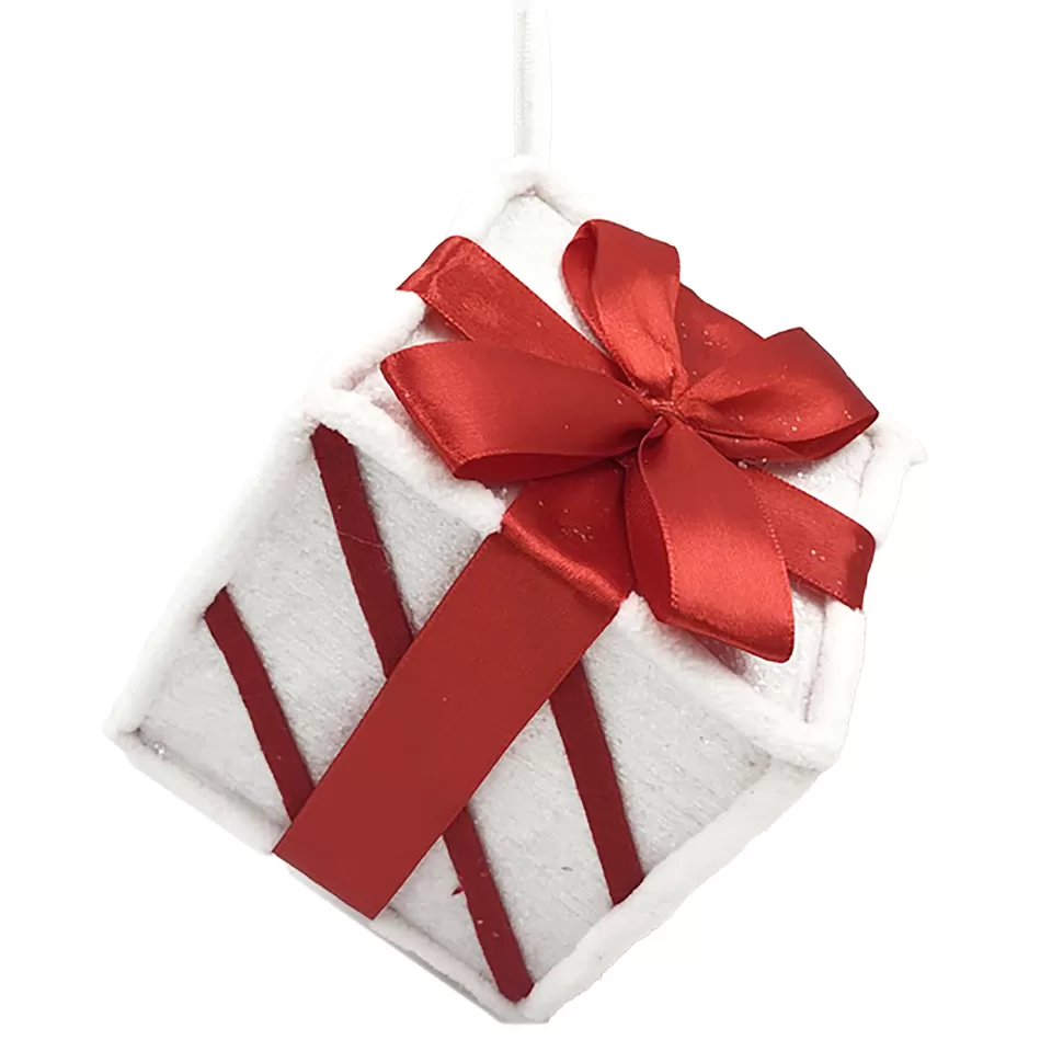 Christmas Forever ORN CANDY CANE GIFT BOX 5″ RED/WHITE W/ FAUX FAUR TRIM & BOW
