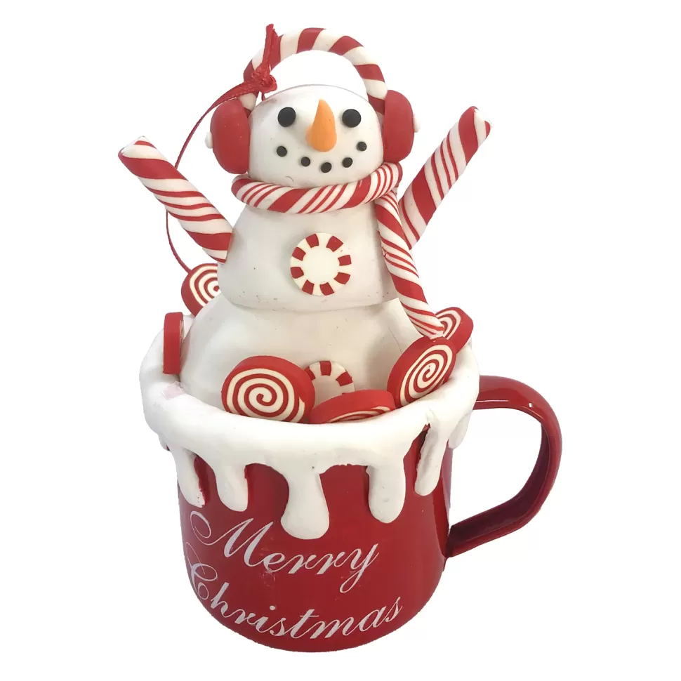 Christmas Forever ORN CANDY CANE SNOWMAN IN A CUP 4.6″ CLAY DOUGH