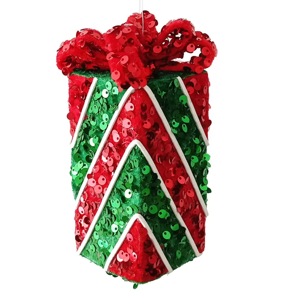 Christmas Forever ORN CANDY GIFT BOX 6″ RED/GREEN SEQUINS W/ BOW