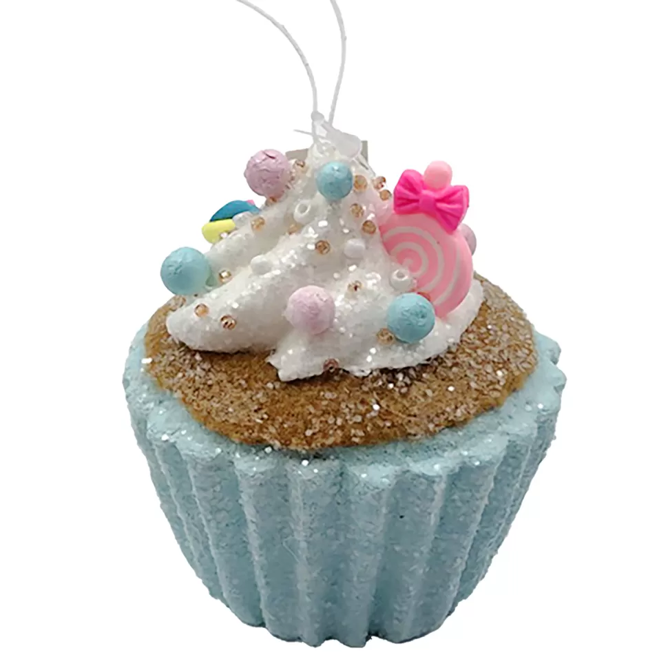 Christmas Forever ORN CANDY SPRINKLE CUPCAKE 3″ BLUE/COLORFUL GLITTER