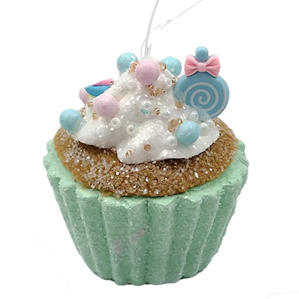 Christmas Forever ORN CANDY SPRINKLE CUPCAKE 3″ GREEN/COLORFUL GLITTER