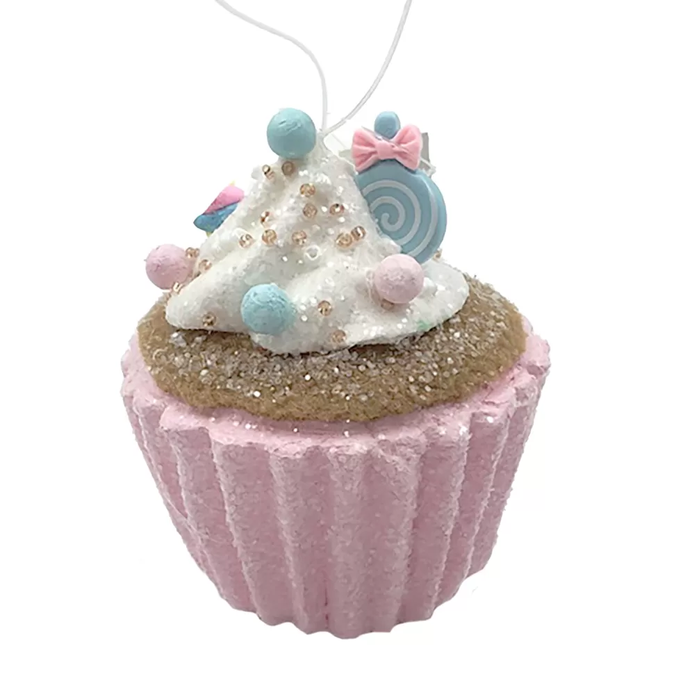 Christmas Forever ORN CANDY SPRINKLE CUPCAKE 3″ PINK/COLORFUL GLITTER