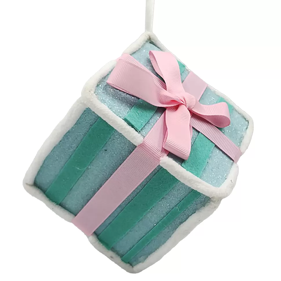 Christmas Forever ORN CANDY SPRINKLE GIFT BOX CANDY CANE TABLE DECOR 4.5″x5″ PINK/LT. BLUE W/ FAUX FAUR TRIM & GLITTER