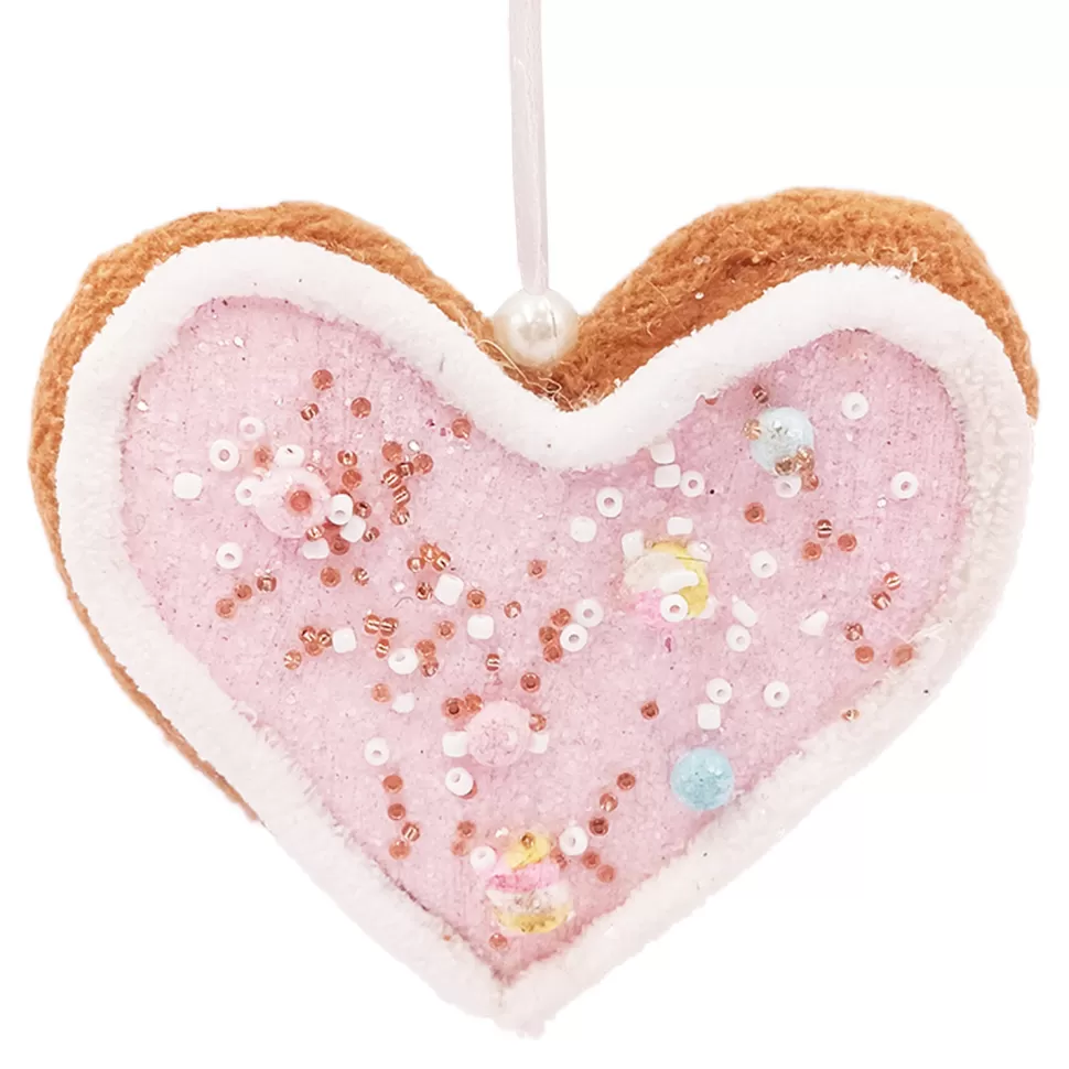 Christmas Forever ORN CANDY SPRINKLE HEART 4″ PINK/BROWN W/ GLITTER & BEADS