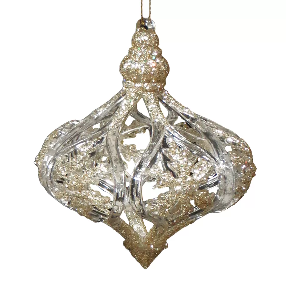 Christmas Forever ORN CLEAR GOLD ONION DROP 3.75″ W/ SNOWFLAKE & GOLD GLTR.