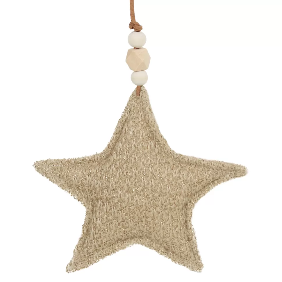 Christmas Forever ORN FABRICSTAR 5.5″ BROWN/NATURAL W/ BEADS