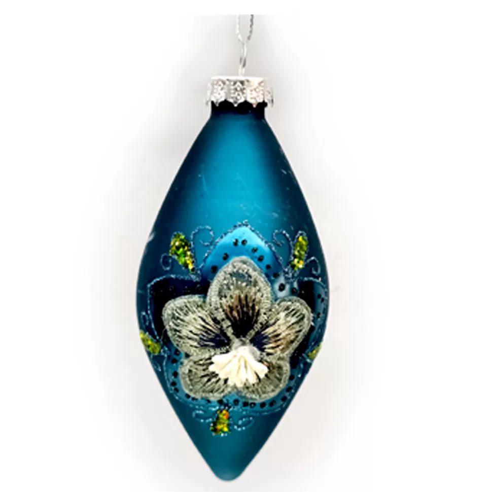 Christmas Forever ORN GLASS BALL 2.5″ X 5″ BLUE FLORAL DECORATED GLITTER | SEQUINS | BEADS