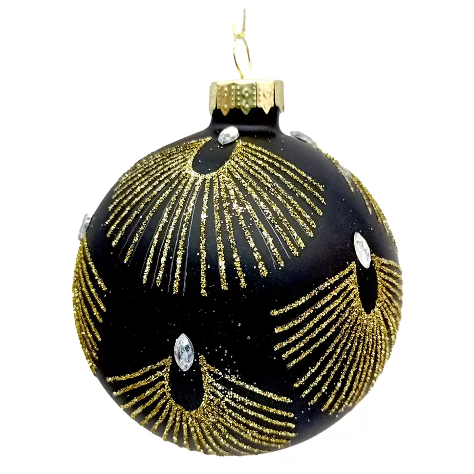 Christmas Forever ORN GLASS BALL 3″ BLACK MATTE W/ FEATHER PATTERN GLITTER & JEWELS