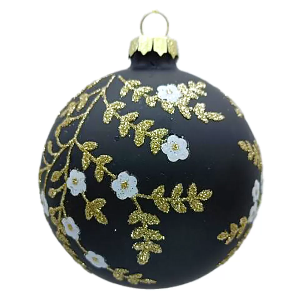 Christmas Forever ORN GLASS BALL 3″ BLACK SHINY FLORAL W/ CHAMPAGNE GLITTER