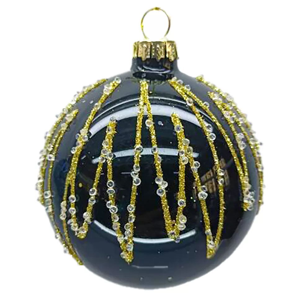 Christmas Forever ORN GLASS BALL 3″ BLACK SHINY W/ GOLD GLITTER