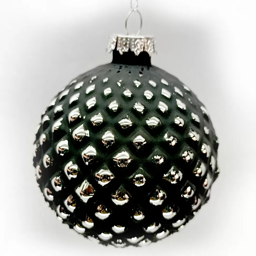 Christmas Forever ORN GLASS BALL 3″ BLACK- SILVEREMBOSSED DIAMOND PATTERN