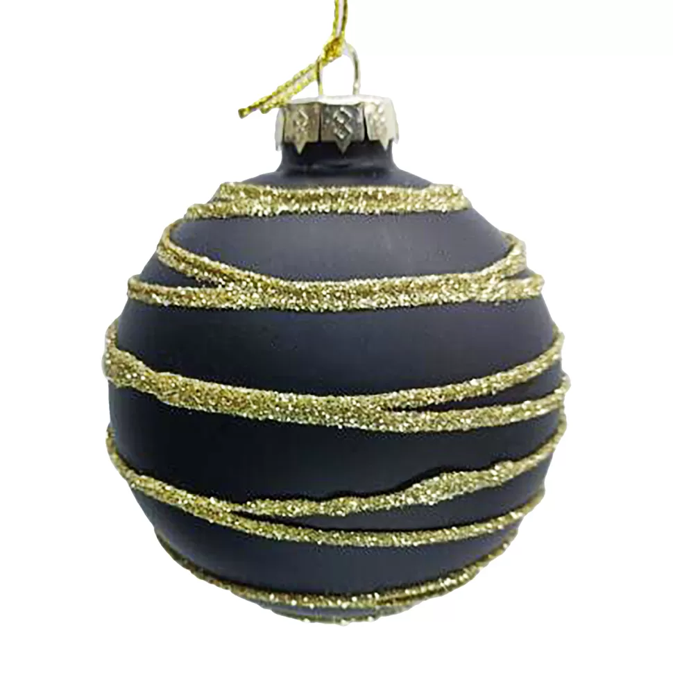 Christmas Forever ORN GLASS BALL 3″ BLACK W/ GOLD GLITTER CIRCLES