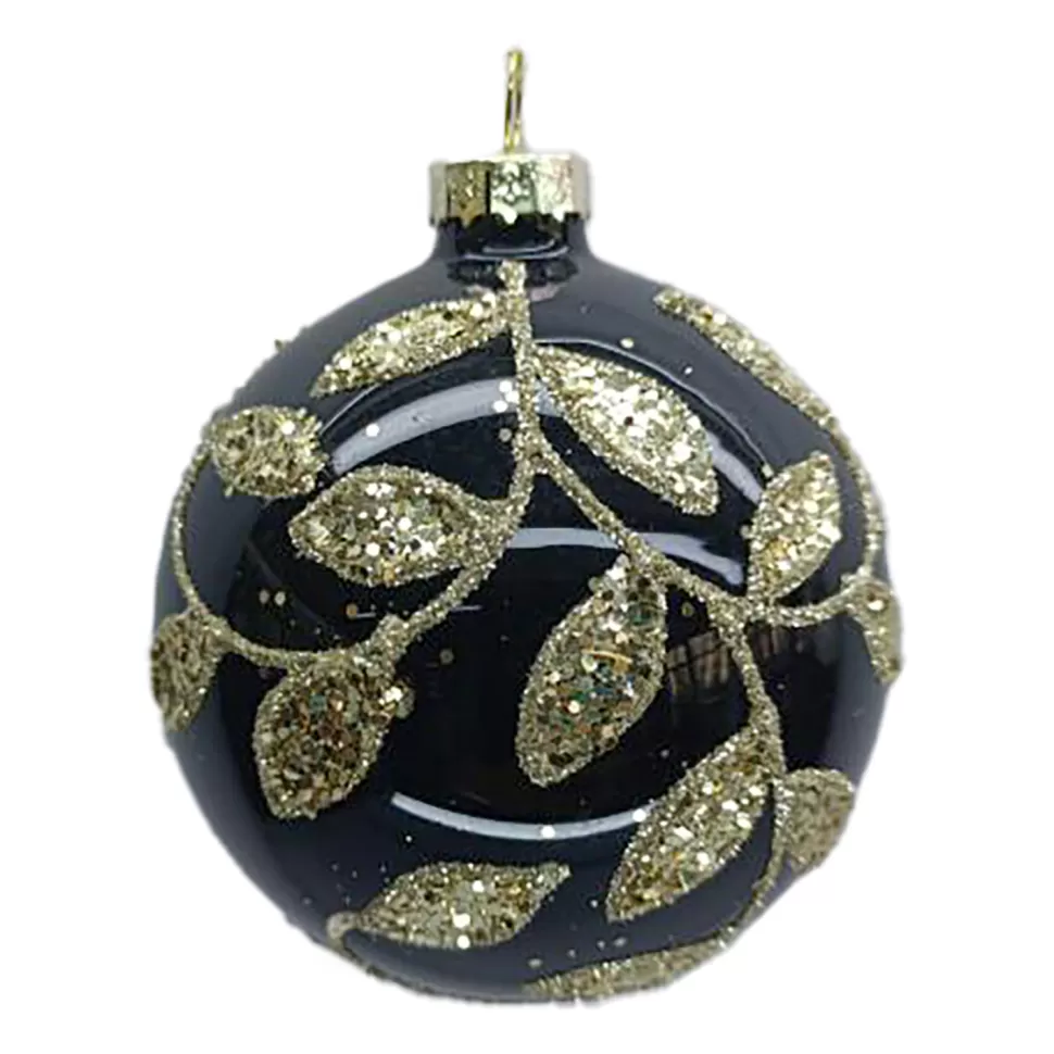 Christmas Forever ORN GLASS BALL 3″ BLACK W/ GOLD LEAF