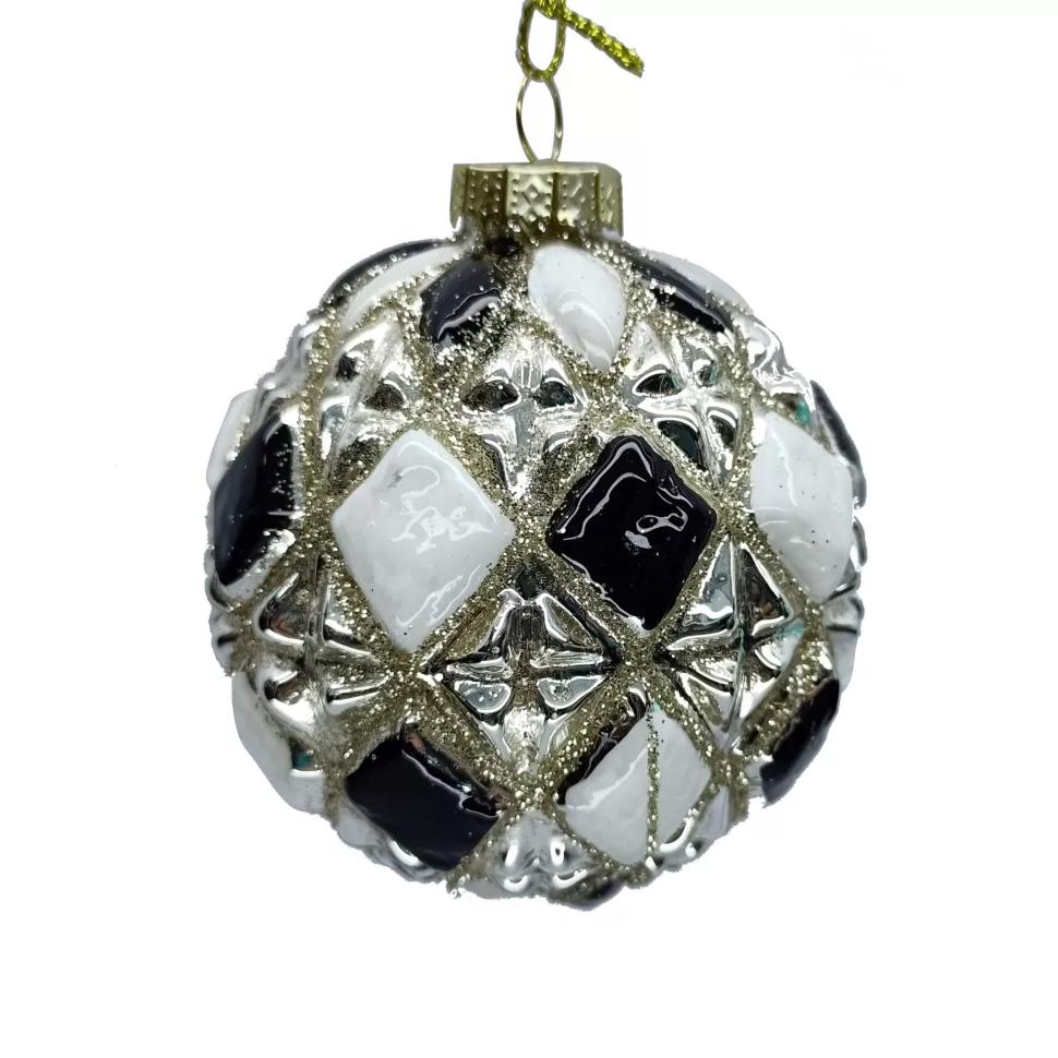 Christmas Forever ORN GLASS BALL 3″ BLACK/ WHITE W/CHAMP. DIAMONG GLITTER