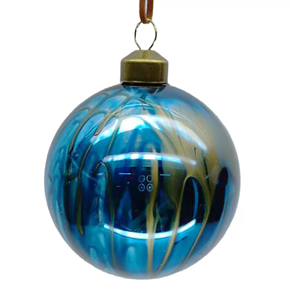Christmas Forever ORN GLASS BALL 3″ BLUE BARBLE W/ GOLD