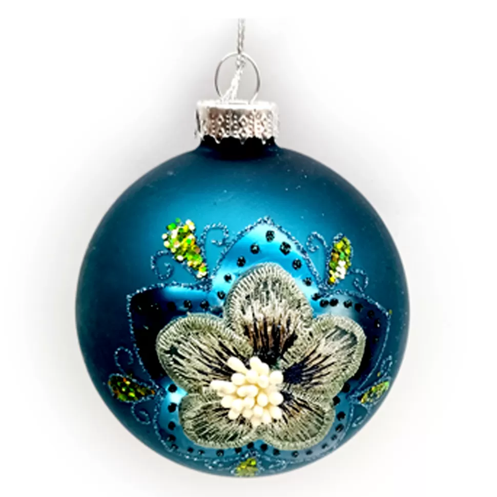 Christmas Forever ORN GLASS BALL 3″ BLUE FLORAL DECORATED GLITTER | SEQUINS | BEADS