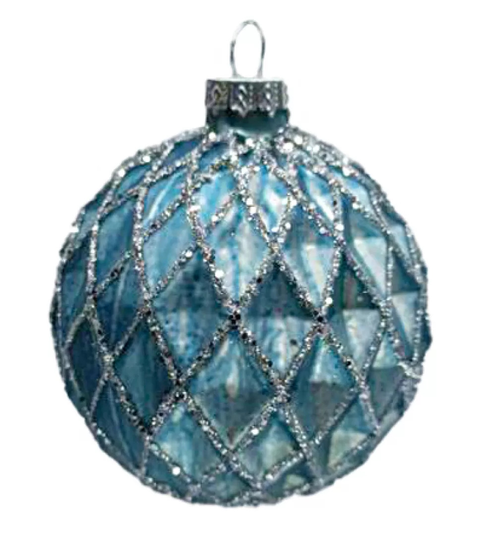 Christmas Forever ORN GLASS BALL 3″ BLUE MATT DIAMOND W/ CHAMPAGNE GLITTER