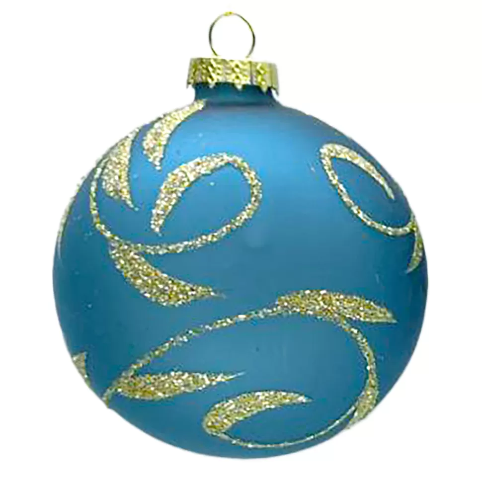 Christmas Forever ORN GLASS BALL 3″ BLUE MATT LEAF W/ SILVER GLITTER