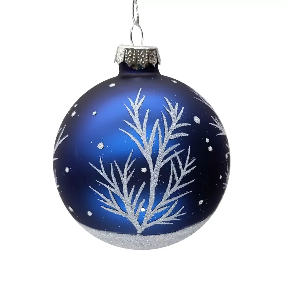 Christmas Forever ORN GLASS BALL 3″ BLUE MATTE W/ GLITTER WHITE TREE