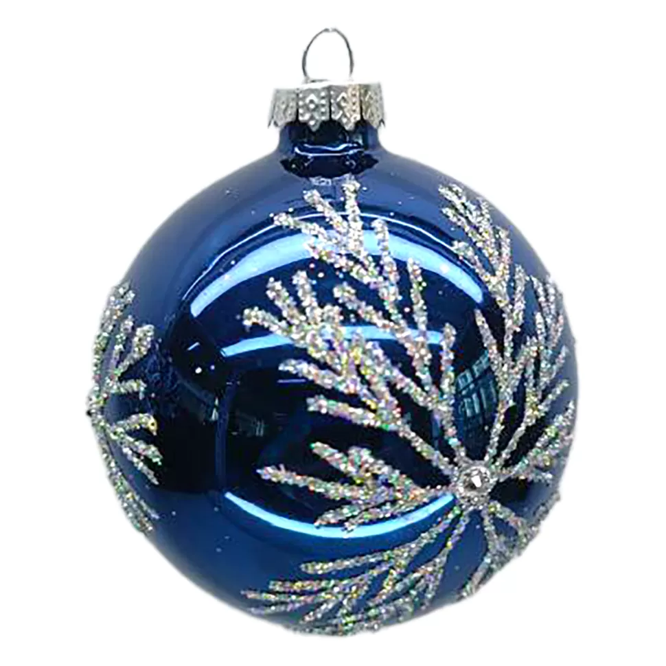 Christmas Forever ORN GLASS BALL 3″ BLUE SHINY SNOWFLAKE W/ WHITE GLITTER