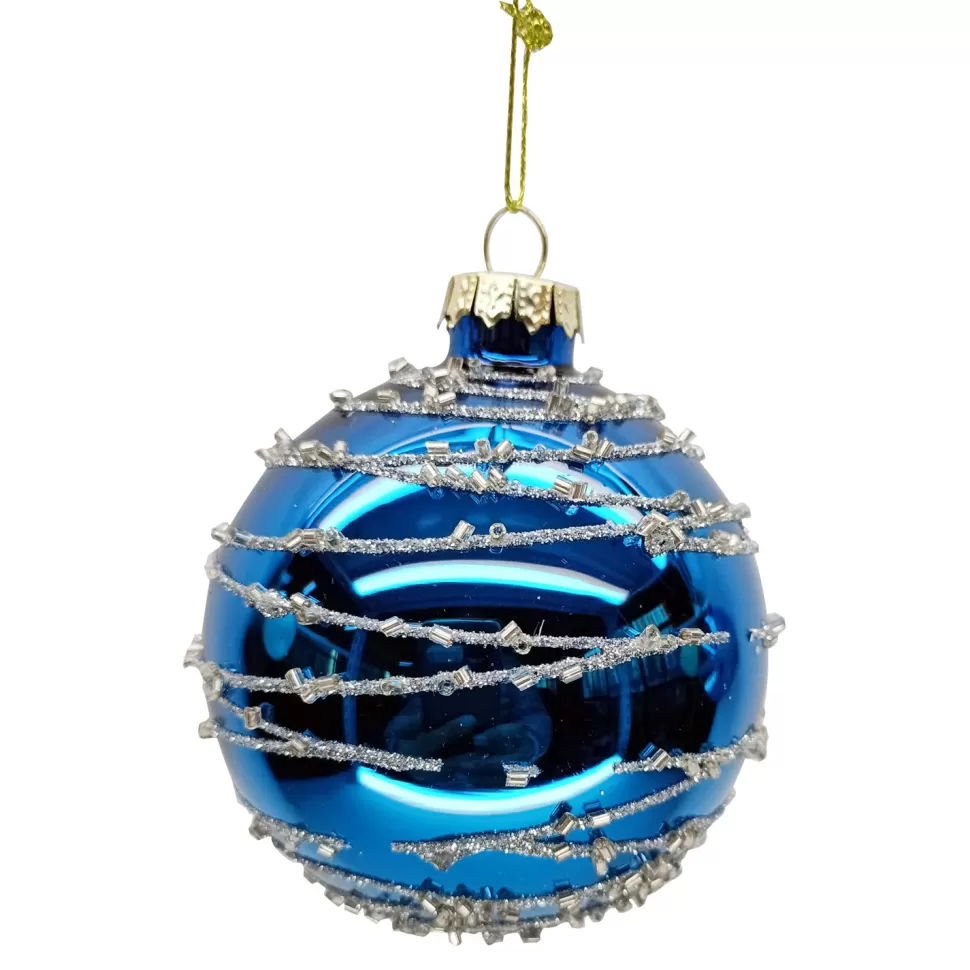 Christmas Forever ORN GLASS BALL 3″ BLUE SHINY W/SILVER GLITTER SWIRL