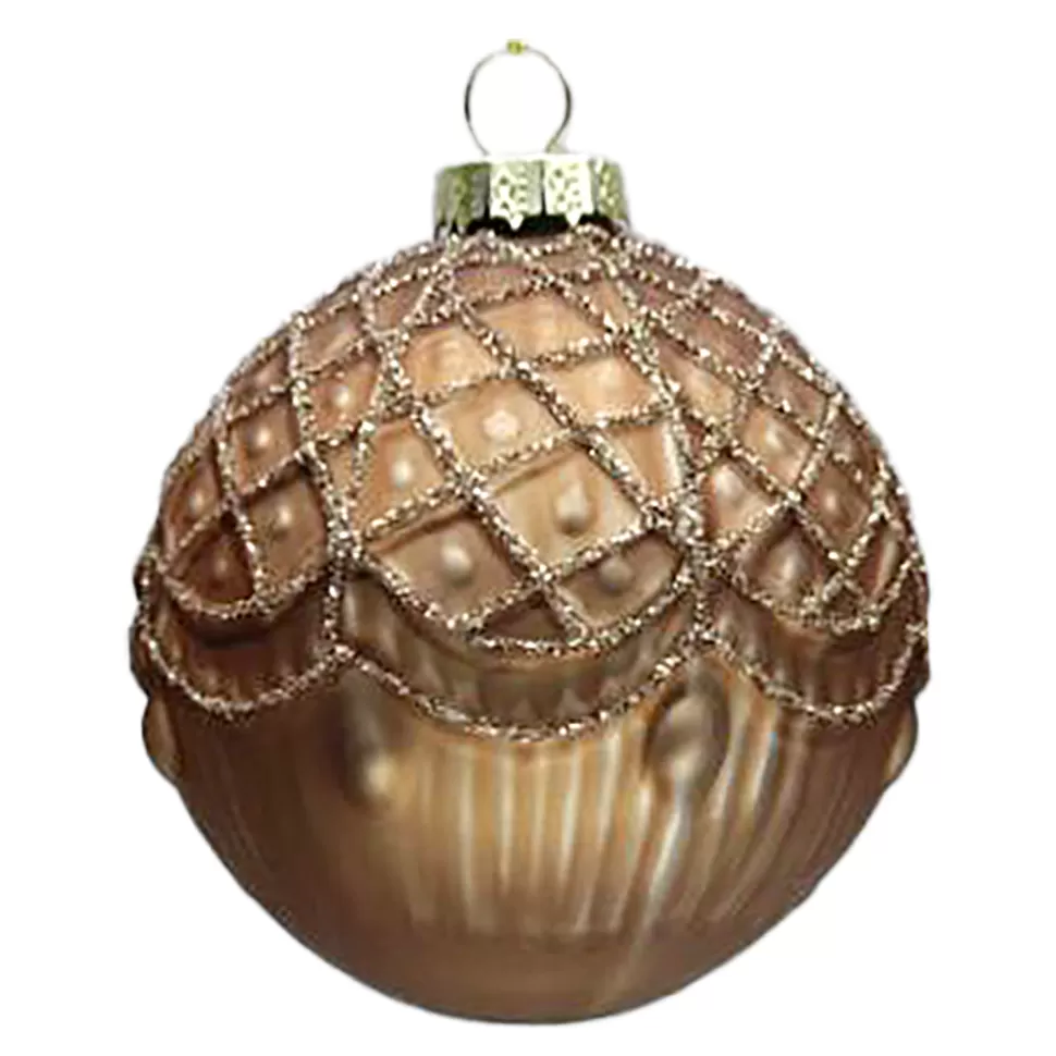Christmas Forever ORN GLASS BALL 3″ BROWN MATT SCALLOP W/ GLITTER