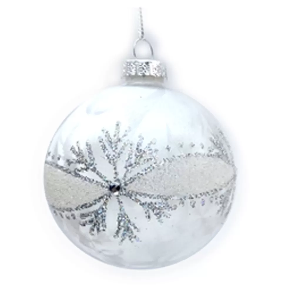 Christmas Forever ORN GLASS BALL 3″ CLEAR- FROSTED W/ SILVER GLTR. SNOWFLAKE