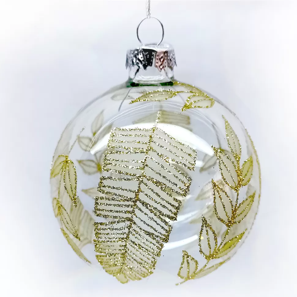 Christmas Forever ORN GLASS BALL 3″ CLEAR W/ GOLD GLITTER LEAF PATTERN