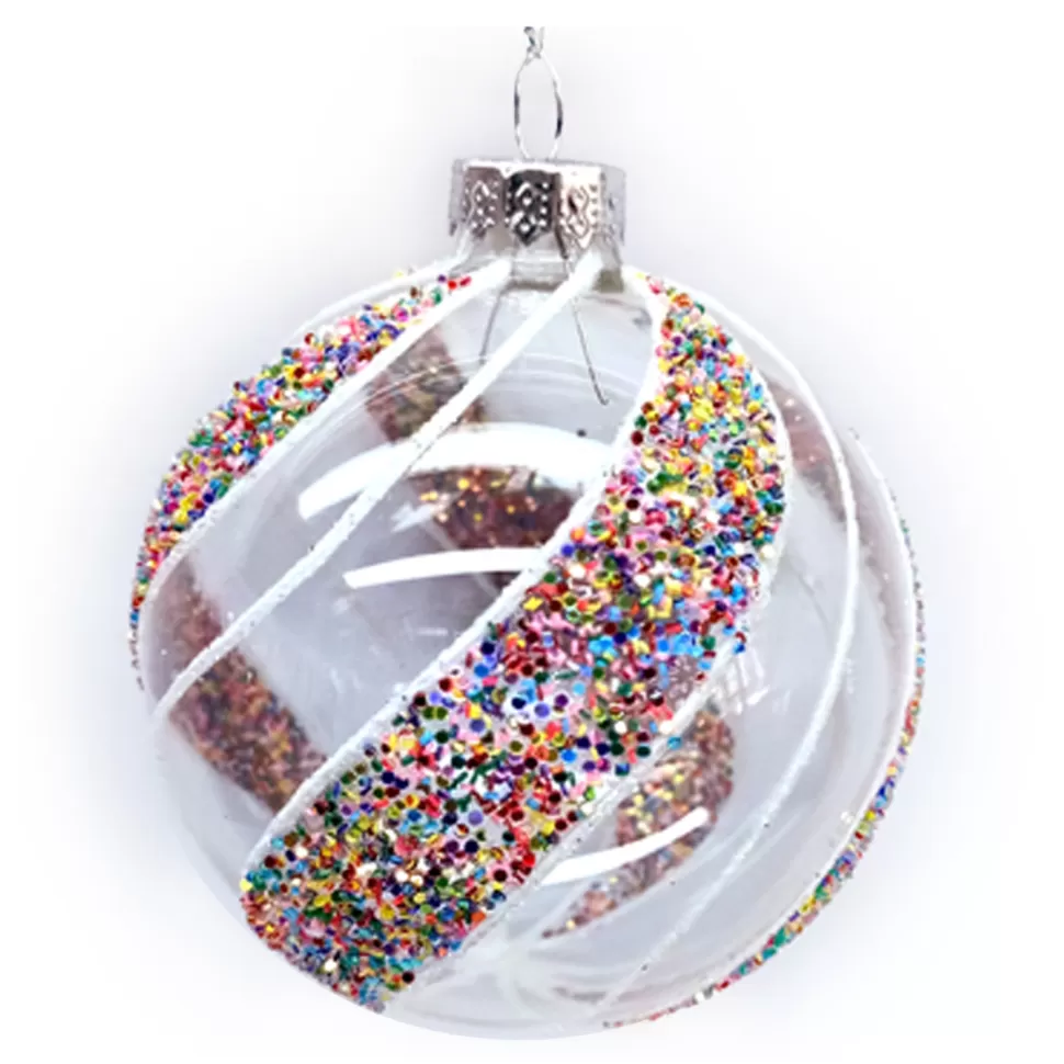 Christmas Forever ORN GLASS BALL 3″ CLEAR W/ SPIRAL CANDY GLITTER & SEQUINS