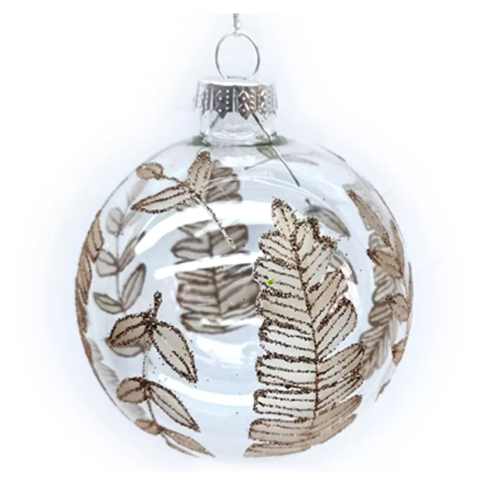 Christmas Forever ORN GLASS BALL 3″ CLEAR W/BROWN GLITTER LEAVES PATTERN