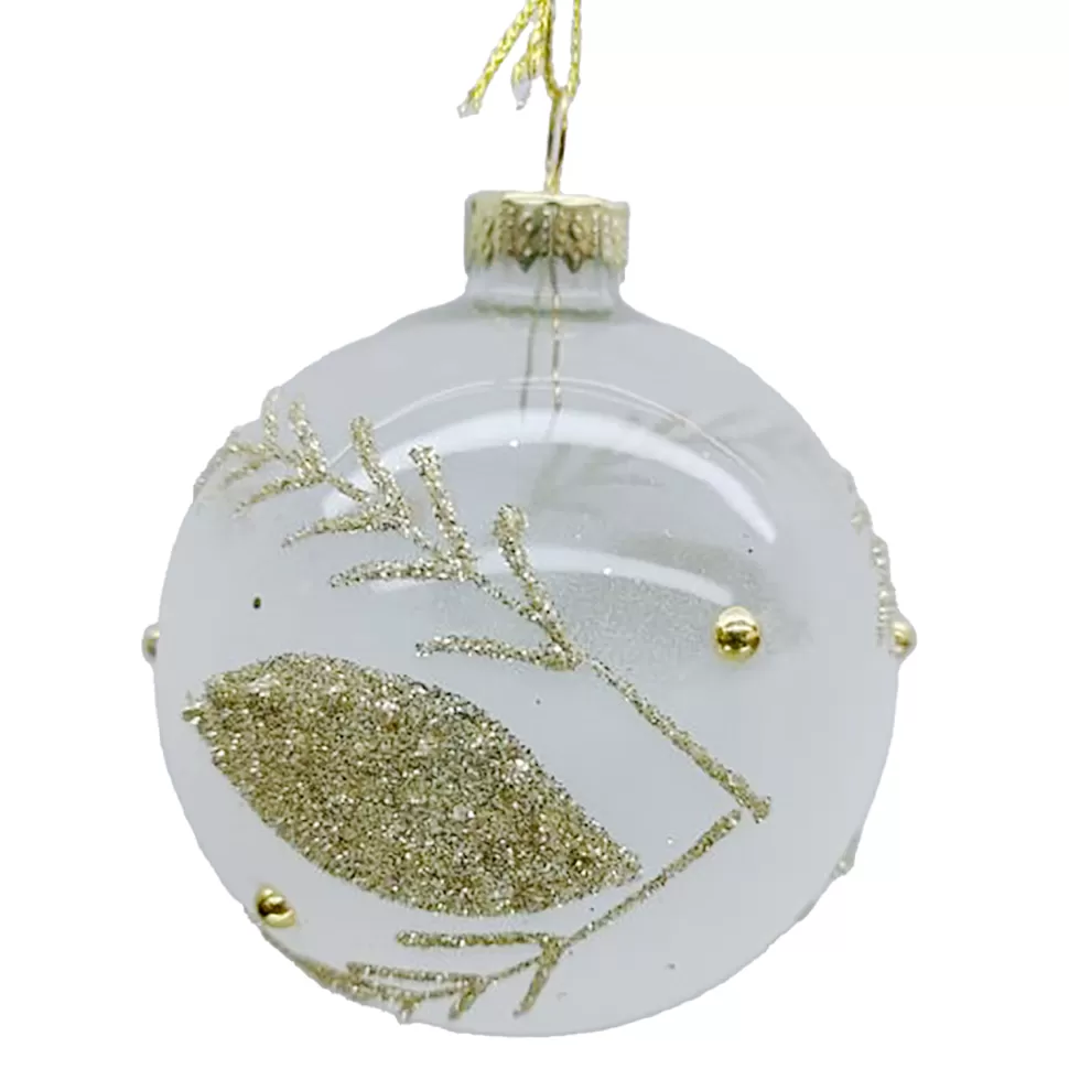 Christmas Forever ORN GLASS BALL 3″ CLEAR/FROST LEAF W/ CHAMPAGNE GLITTER