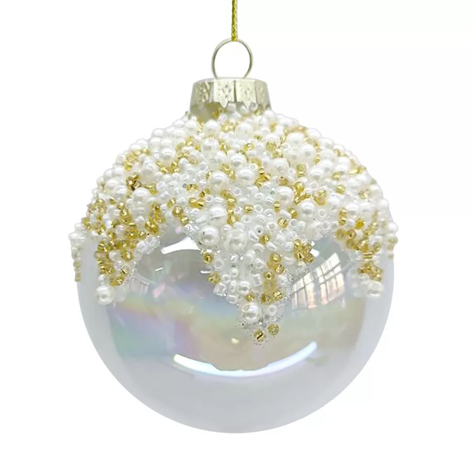 Christmas Forever ORN GLASS BALL 3″ CLEAR/FROST PEARLS W/ CHAMPAGNE GLITTER