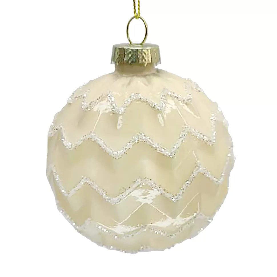 Christmas Forever ORN GLASS BALL 3″ CREAM PEARL ZIGZIG W/ GLITTER