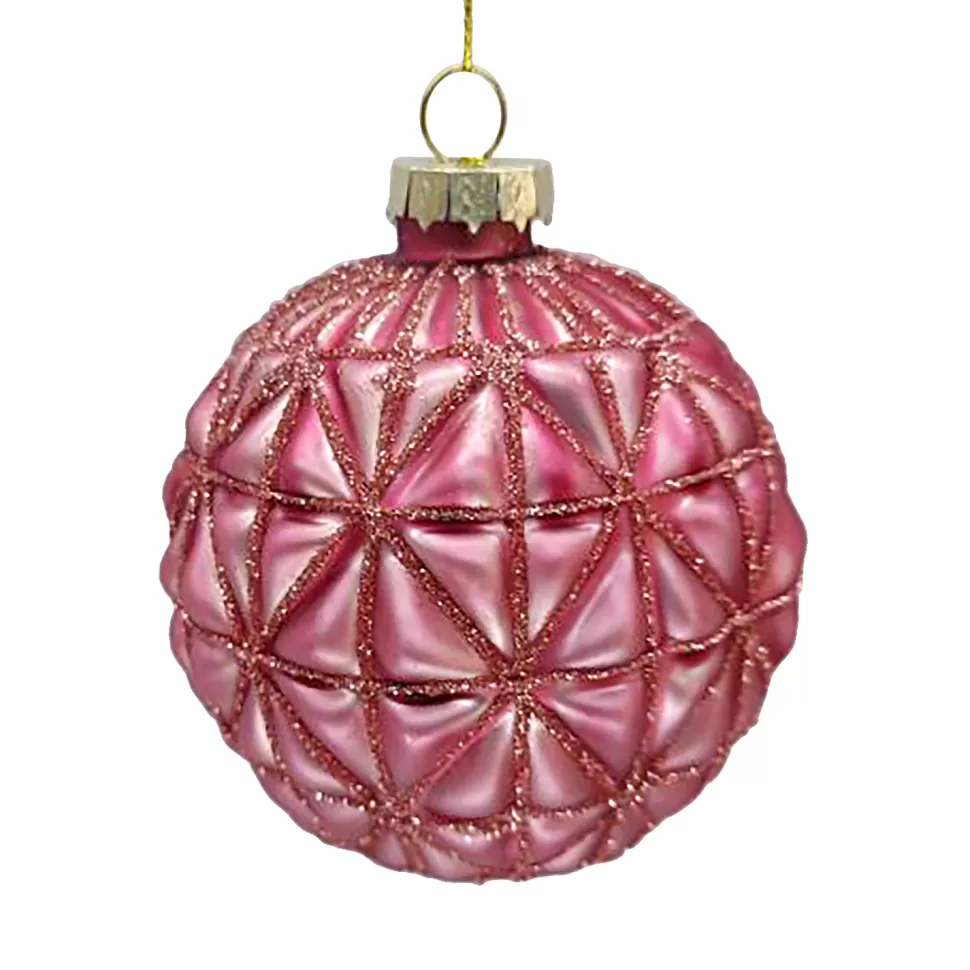 Christmas Forever ORN GLASS BALL 3″ DARK MAUVE MATT FLORAL W/ GLITTER