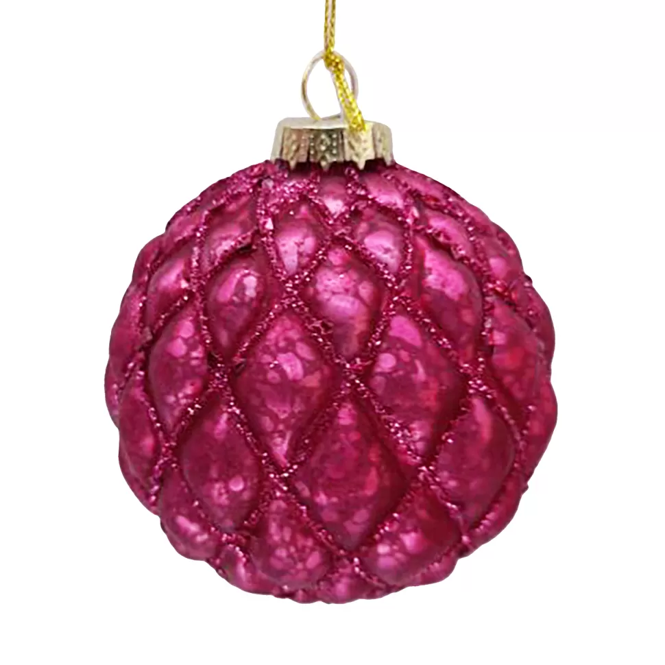 Christmas Forever ORN GLASS BALL 3″ FUSCHIA MATT BUBBLE W/ CHAMPAGNE GLITTER