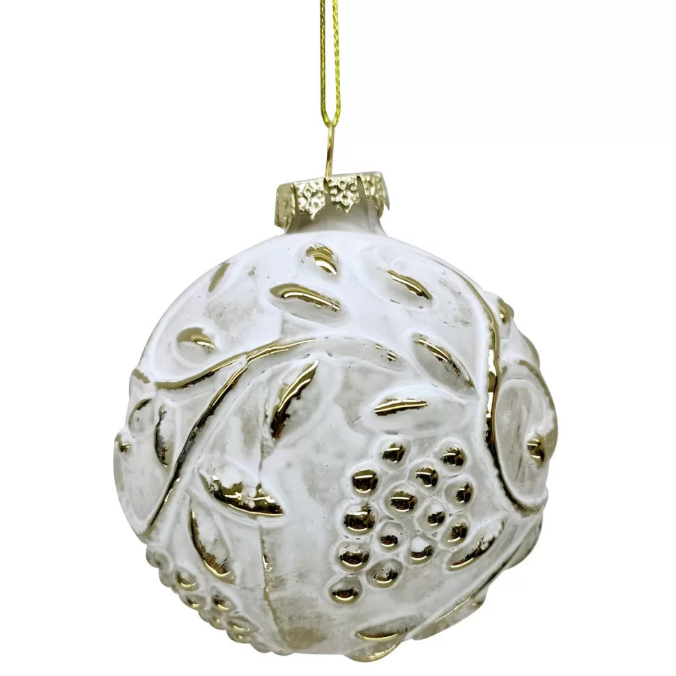 Christmas Forever ORN GLASS BALL 3″ GOLD EMBOSED W/ WHITE WASED GOLD LVS