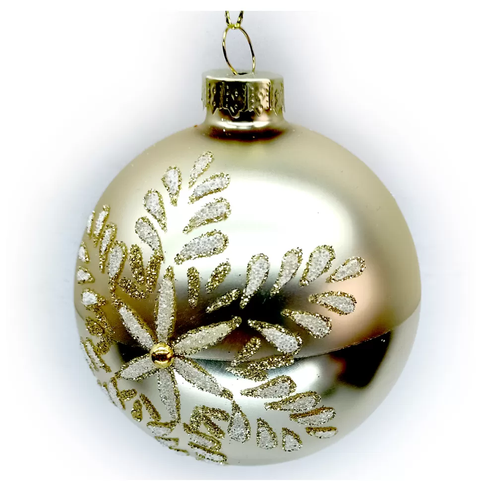 Christmas Forever ORN GLASS BALL 3″ GOLD MATTE W/ SNOWLKAE GLITTER & BEADS