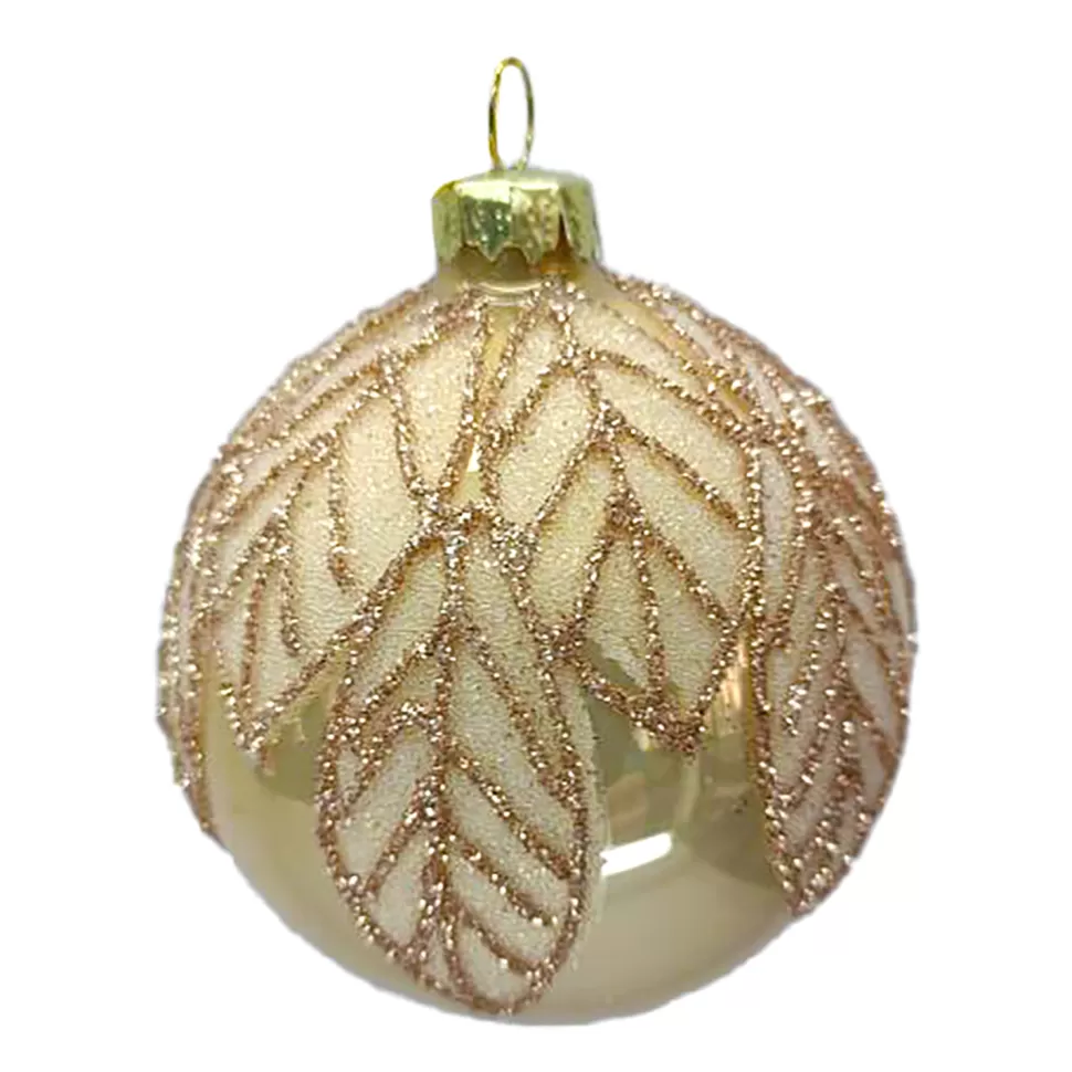 Christmas Forever ORN GLASS BALL 3″ GOLD SHINY W/ BEADED LEAF