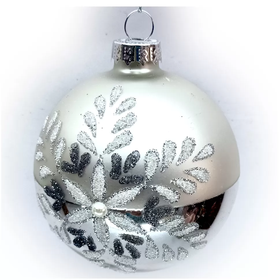 Christmas Forever ORN GLASS BALL 3″ GOLD SILVER MATTE W/ GLITTER SNOWFLAKE WITH BEADS