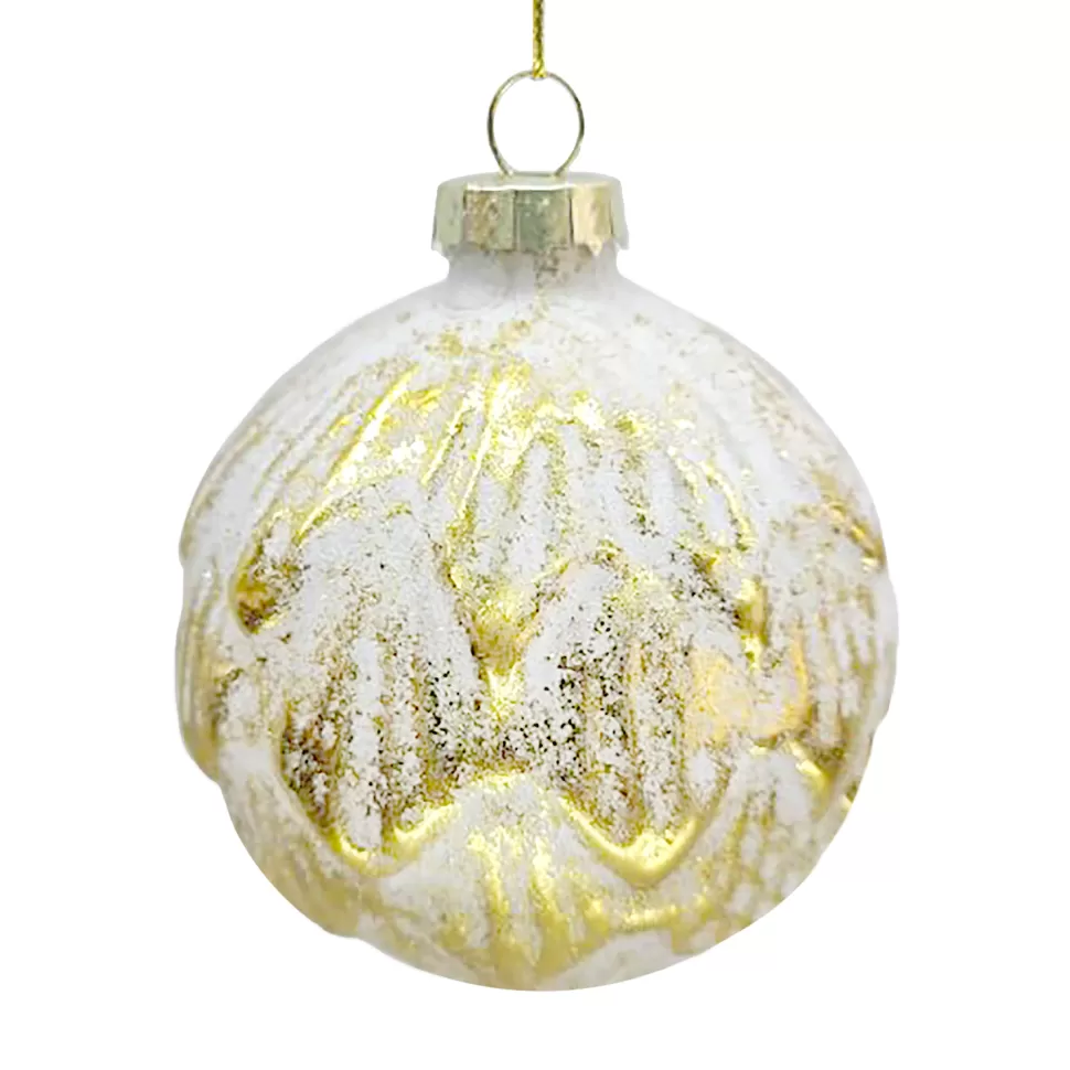 Christmas Forever ORN GLASS BALL 3″ GOLD W/ WHITE FINISH LEAF