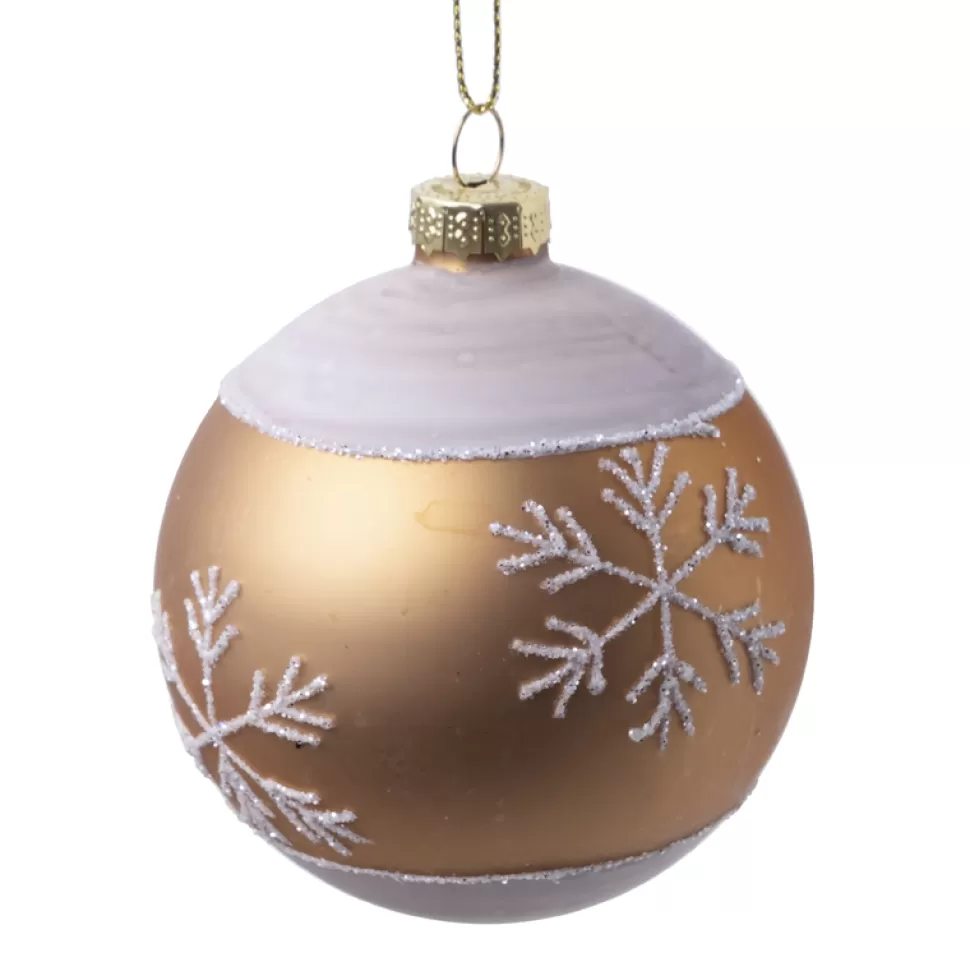 Christmas Forever ORN GLASS BALL 3″ GOLD W/ WHITE SNOWFLAKE PATTERN