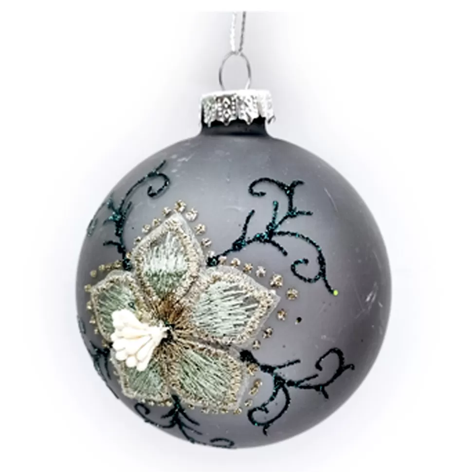 Christmas Forever ORN GLASS BALL 3″ GRAY- PEWTER FLORAL EMBROIDERY , SEQUINS & BEADS
