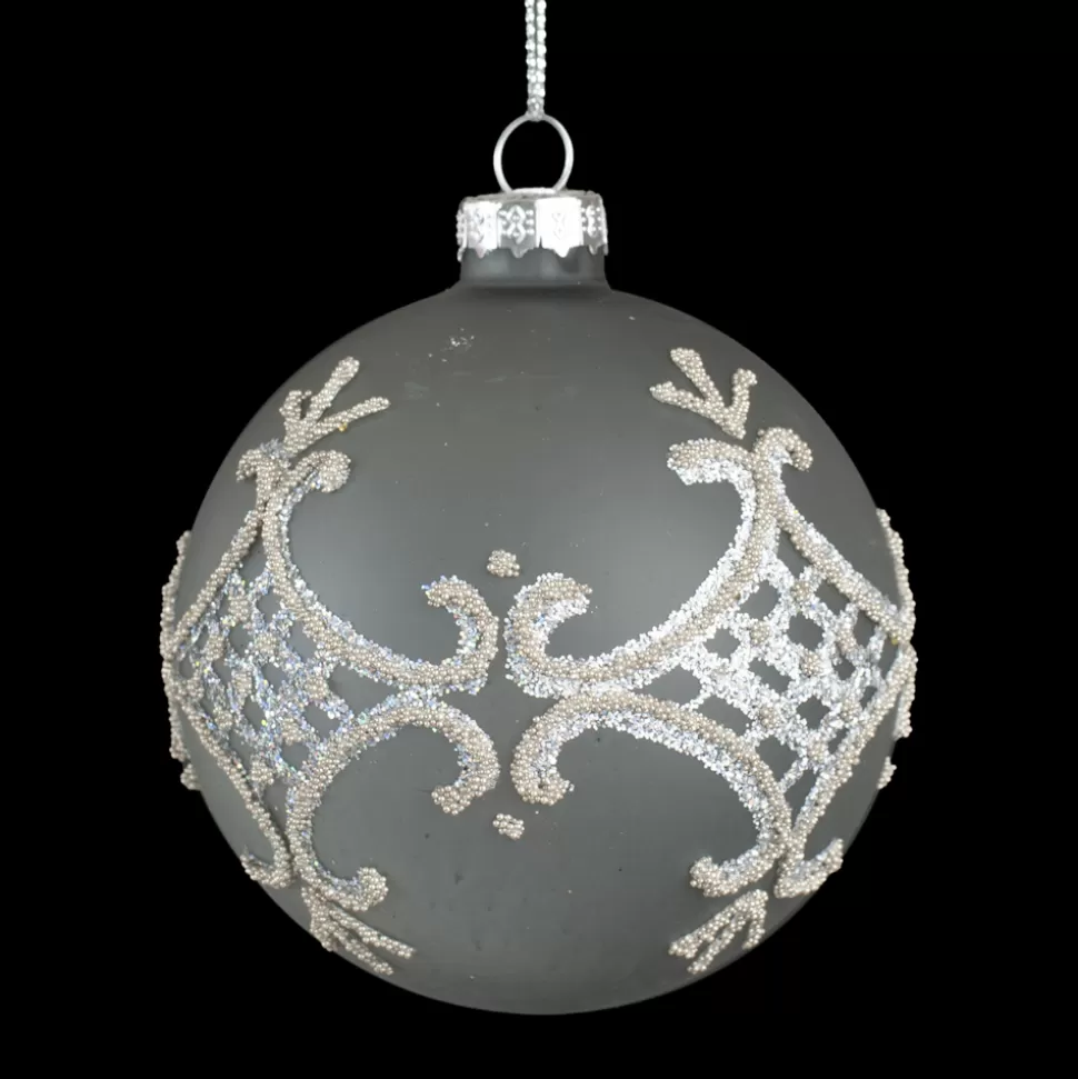Christmas Forever ORN GLASS BALL 3″ GRAY W/ SILVER GLITTER PATTERN