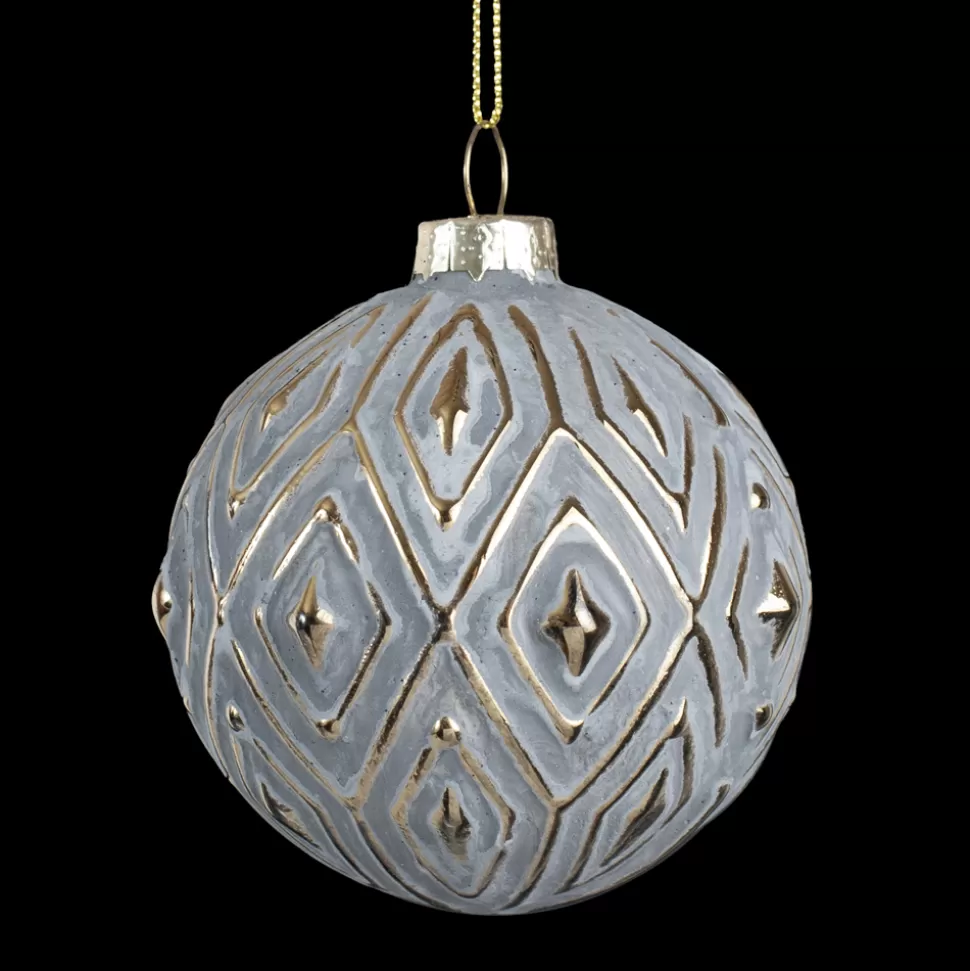 Christmas Forever ORN GLASS BALL 3″ GRAY W/GOLD DIAMOND PATTERN