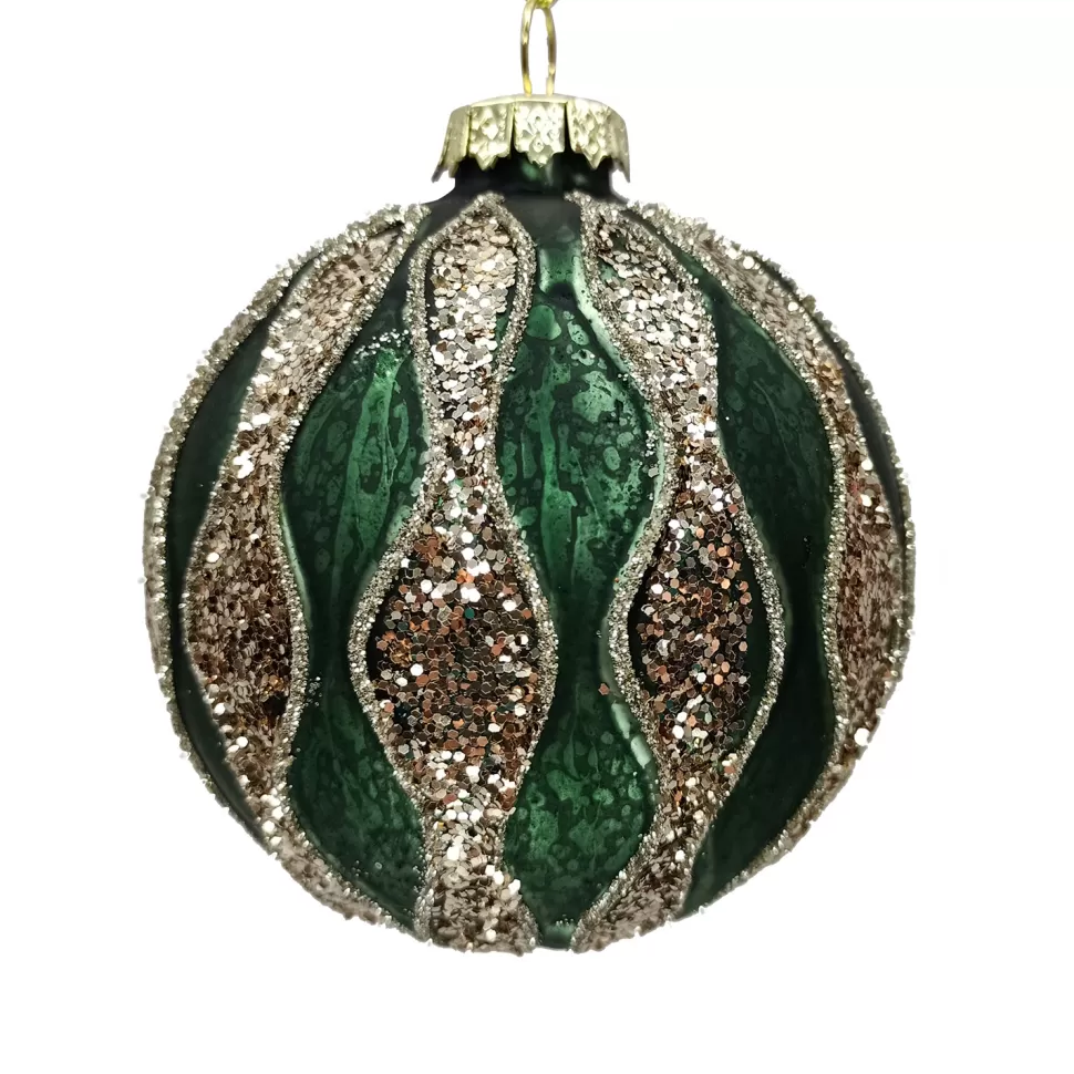 Christmas Forever ORN GLASS BALL 3″ GREEN- DARK W/CHAMPANE WAVE STRIPES