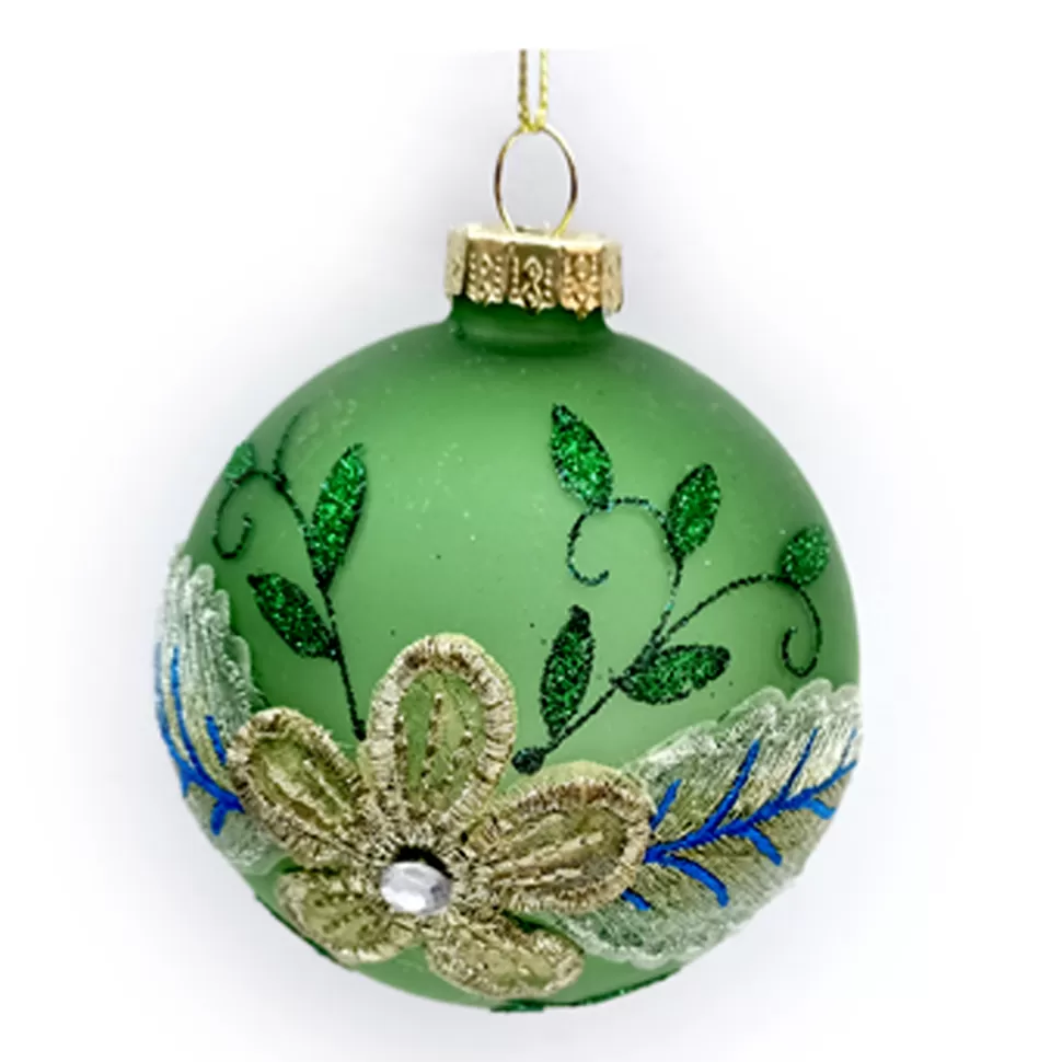 Christmas Forever ORN GLASS BALL 3″ GREEN DECORATED W/ GLITTER & SEQUINS & BEADS