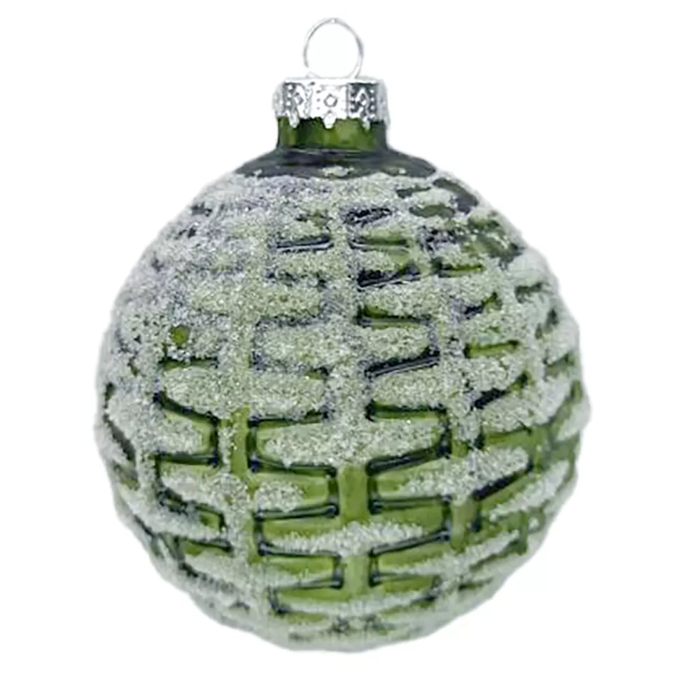 Christmas Forever ORN GLASS BALL 3″ GREEN FOREST WEAVE W/ FROSTING